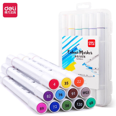 得力(deli)12色双头细杆马克笔套装 学生水彩笔双头绘画彩笔手绘漫画笔设计绘画记号笔 70700-12