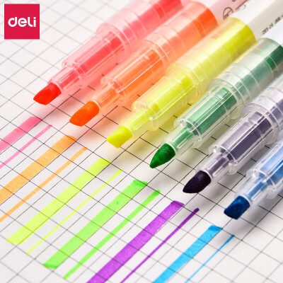 得力醒目荧光笔记号笔彩色笔重点划线笔标记笔套装办公学生文具 双头6色套装 S627