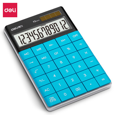 得力(deli)双电源时尚计算器 轻薄机身平板按键桌面计算机 办公用品 蓝色