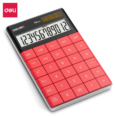 得力(deli)双电源时尚计算器 轻薄机身平板按键桌面计算机 办公用品 红色